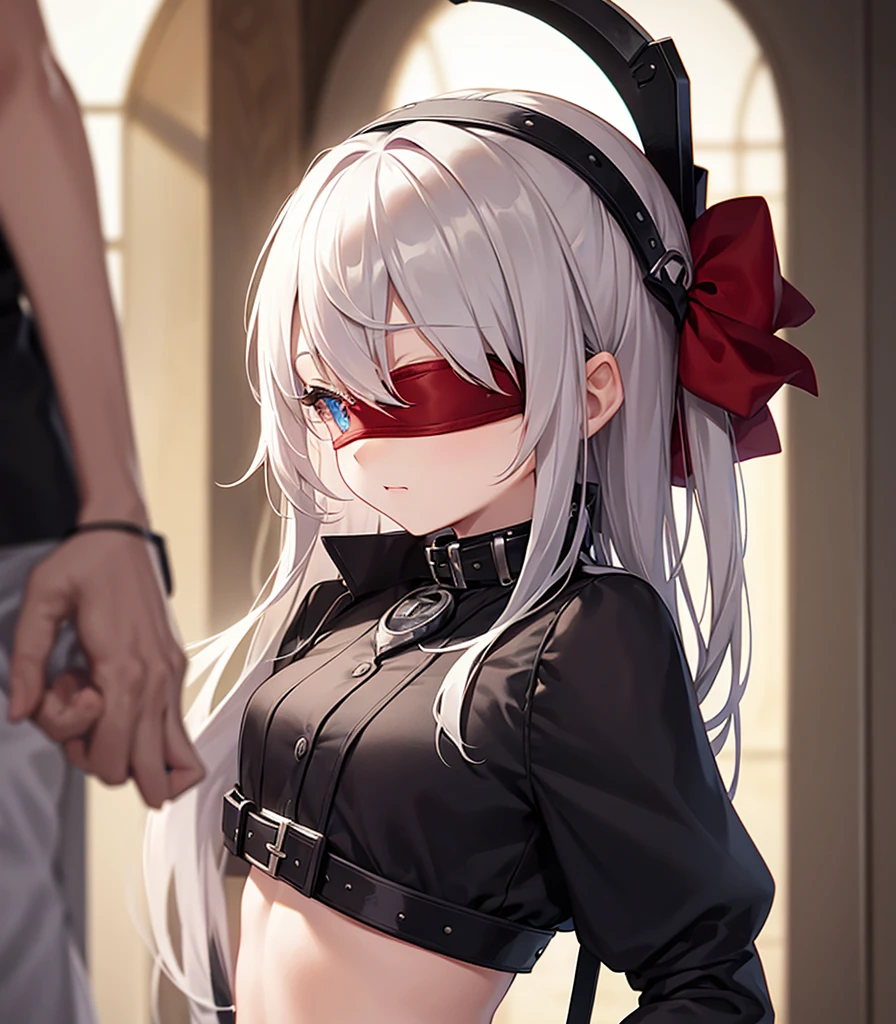 Slave Collar,(Lock),padlock,((red blindfold)),(gag),Cute little ,Tiny ,Small girl,,Childish face, Very fine clean face,Top quality,(Dark Room), Subtle light, Natural light,Soft lighting,Light from directly behind, (Are standing),Front view,Black background