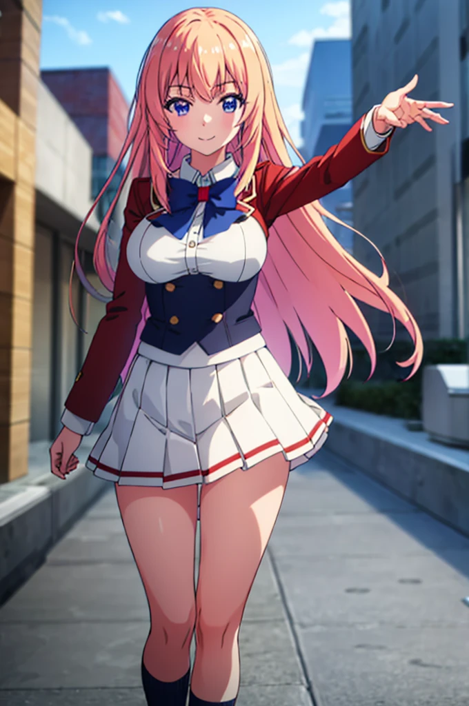 (masterpiece:1.3), (best quality:1.1), (8k, ultra detailed, ultra high res:1.2), ((anime style)), perfect 5 fingers, perfect anatomy, 
1girl,
Ichinose honami \(youjitsu\),
long hair, 
pink hair, 
blue eyes, round eyes, tareme, 
blue bow, 
large breasts, 
red jacket, long sleeves, white skirt, pleated skirt, black calf socks, 
looking at viewer, 
cowboy shot, waving
(smile:1.1), 
BREAK standing, perfect light, (detailed background:1.2), outside, outdoors, 