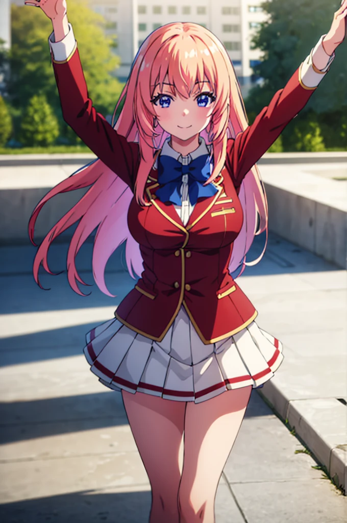 (masterpiece:1.3), (best quality:1.1), (8k, ultra detailed, ultra high res:1.2), ((anime style)), perfect 5 fingers, perfect anatomy, 
1girl,
Ichinose honami \(youjitsu\),
long hair, 
pink hair, 
blue eyes, round eyes, tareme, 
blue bow, 
large breasts, 
red jacket, long sleeves, white skirt, pleated skirt, black calf socks, 
looking at viewer, 
cowboy shot, waving
(smile:1.1), 
BREAK standing, perfect light, (detailed background:1.2), outside, outdoors, 