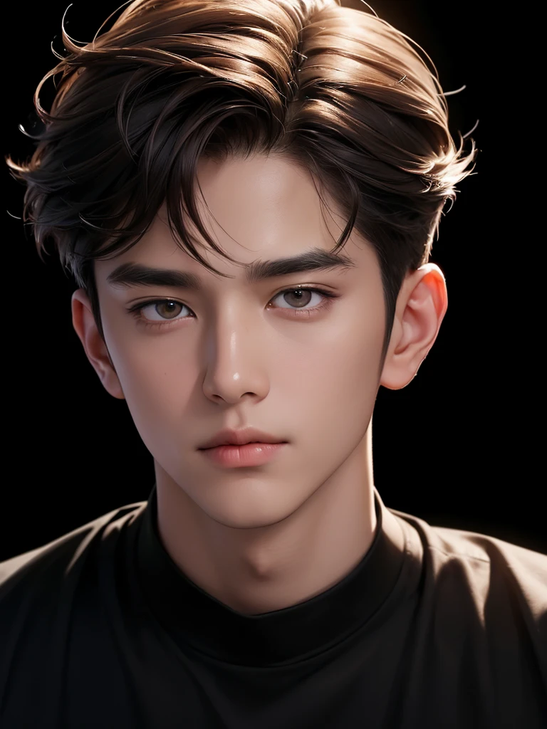 ((best quality, 8K, masterpiece: 1.3)), (sharp focus: 1.2), Korean Men, matchless, brown hair, Temptation, Calm head, black shirt, black background, White skin, natural expression, Cute face, Composition looking up, Asian face