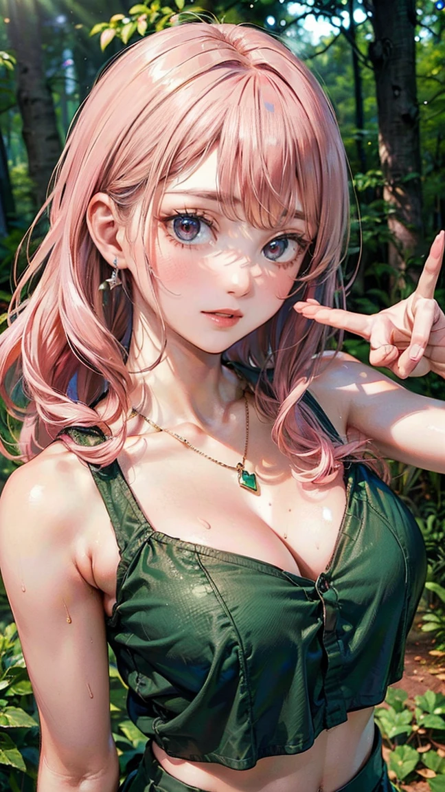 (Masterpiece, BestQuality:1.3), (ultra detailed:1.2), (hyperrealistic:1.3), (RAW photo:1.2), High detail RAW color photo, professional photograph, (Photorealistic:1.4), (realistic:1.4), (Pink Hair:1.5), professional lighting, perfect anatomy, (Big Breasts:1.2), (blush, detailed face), (A happy smile:1.7), Trending Hair&Trending Hairカラーをランダムに, earrings, necklace, bracelet, sexly, erotic sexly, Random sexy gravure poses, (Sexy beauty in a green casual dress、Forest Background、Smiling face、Pose making a peace sign、mini skirt:1.3)