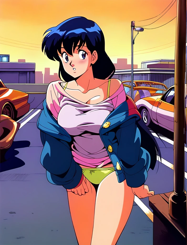 Kyoko,score_9,score_8_superior,score_7_superior,sauce_anime,One girl,alone,View your viewers,city,Streetscape of the 1980s,asphalt paved,paved,lamp post,force_line,Orange sky,evening,Panties、bra、Lonely face、:d,arms_behind_return,