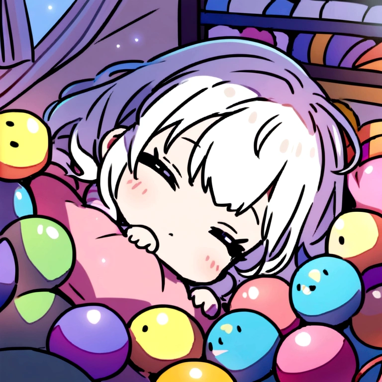 A young girl sleeps, curled up in a room full of colorful chibi toys.