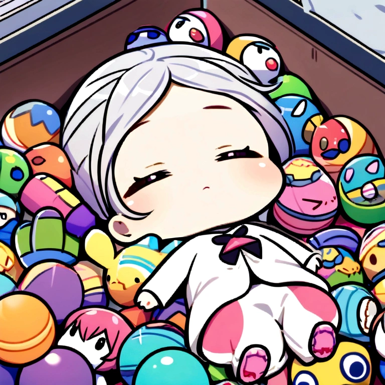 A young girl sleeps, curled up in a room full of colorful chibi toys.