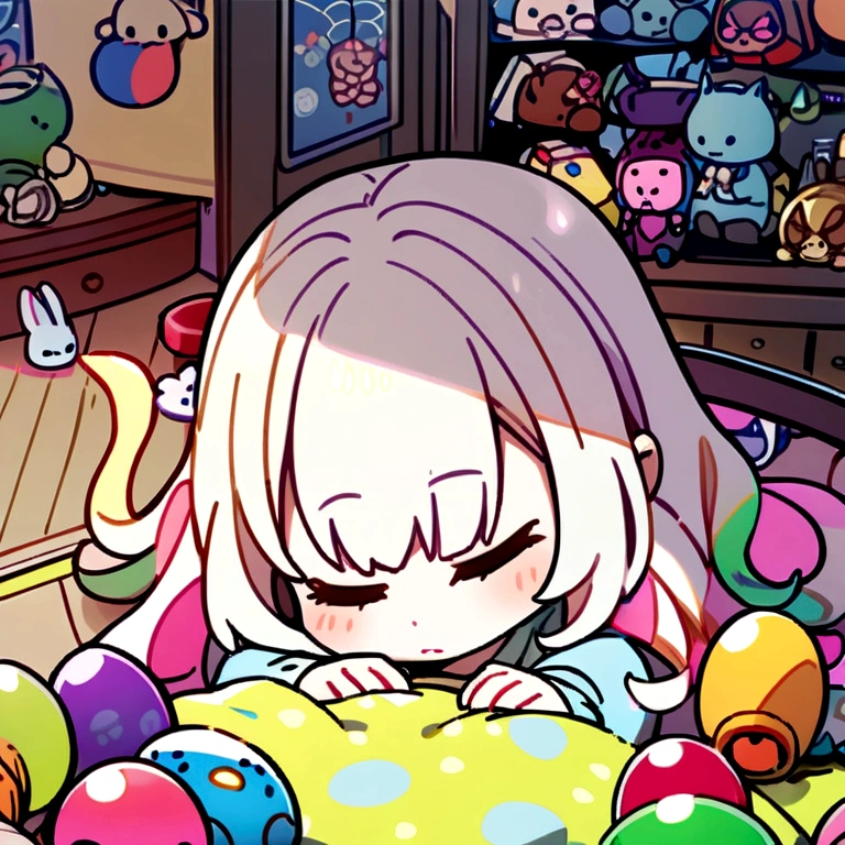 A young girl sleeps, curled up in a room full of colorful chibi toys.
