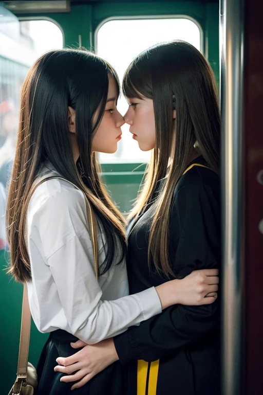 two girls crushed each other, angry look, stare, face to face, collide symmetrically, kiss, close contact on crowded train, pressed girls, crowded train full of girls,two girls can't move in the crowd, reluctantly kiss and panic, glare, no gap between girl and girl, two girls collide head on