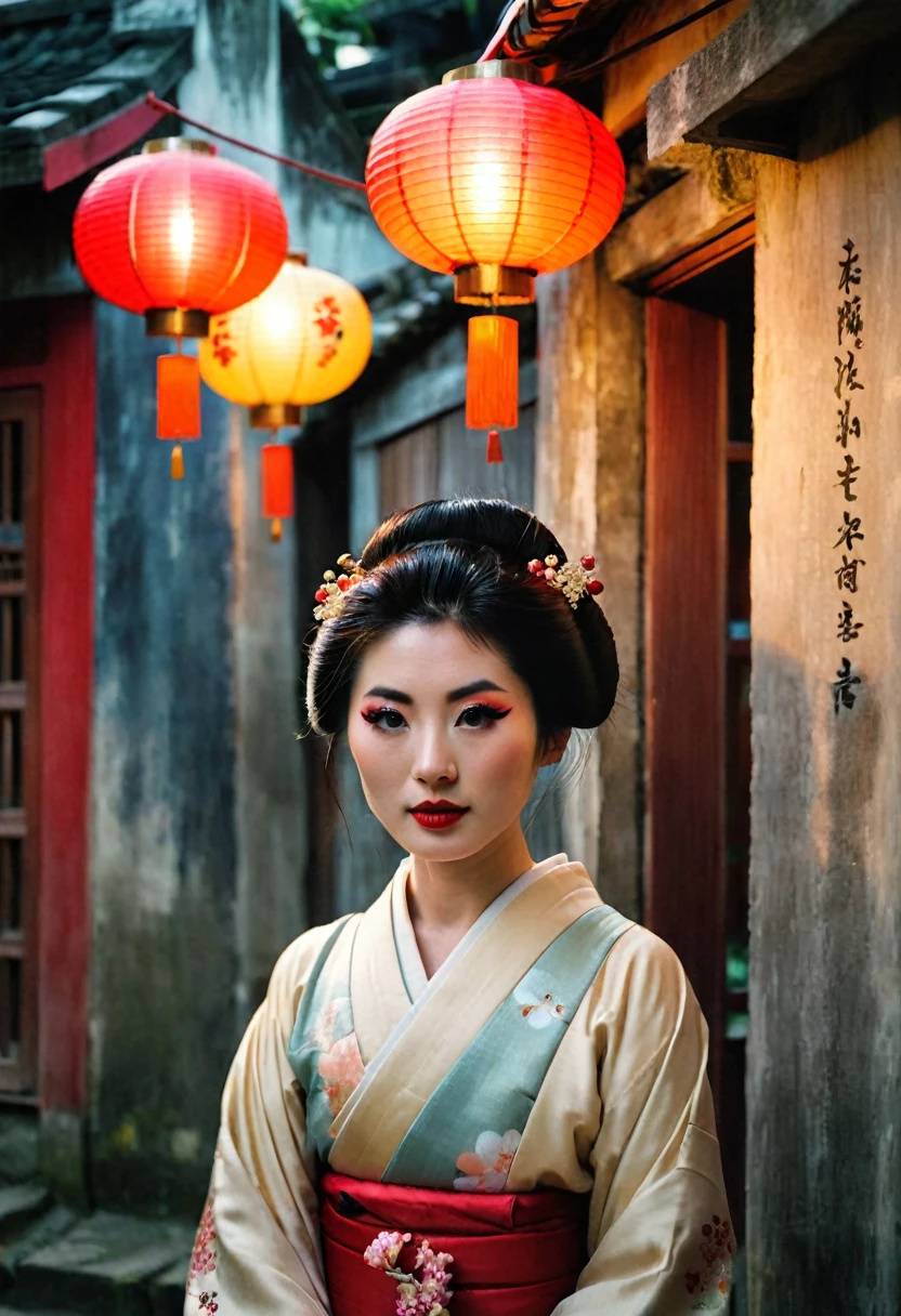 half body, front view, Cinematic portrait movie scene, Julibrary 3: A beautiful young Geisha in the streets of Hanoi, grungy walls, poors houses, japanese lanterns, crepuscular light, Fujifilm Provia 100F, Fujifilm X100V, Light leaks, 36K, Analog Style