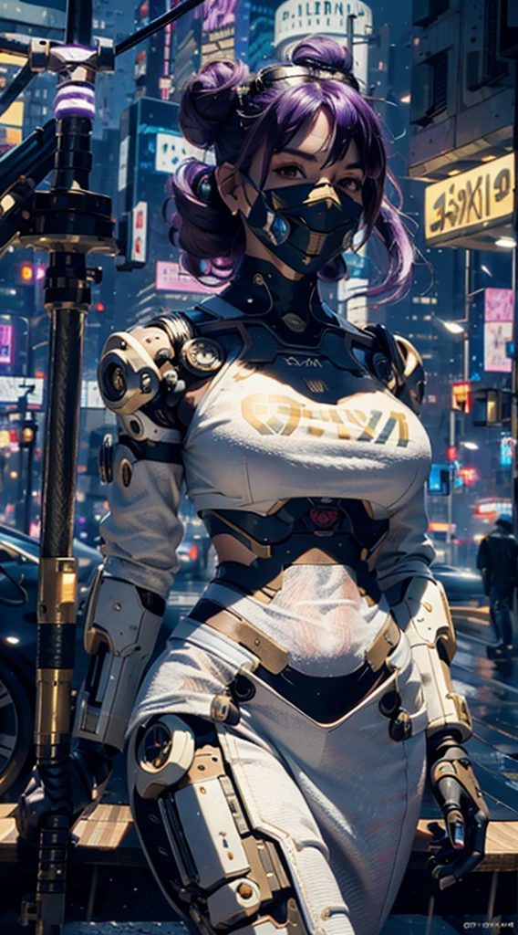 masterpiece, maximum quality,CG art,RTX 4090,best quality,4K,1080p,realistic,CG wallpaper,super high detailed,ultra high resolution, 8k, a woman,beauty,21years old,fair skin, extremely beautiful,strong gaze, alone,portrait,close-up face,cyberpunk outfit, extremely detailed face, detailed eyes,mischievous smile, cheerful, realistic photo, totally realistic, human pelle, studio lighting,golden ratio body, wide hips,perfect legs, big ass,purple hair,curly hair,double buns,blunt bangs,white clothing,D-cup breasts,in the rooftop of cyberpunk city,cyberpunk city background,((night)),rain,tattoos,Combat posture,((cyborg)),((Mechanical mask)),holding a katana