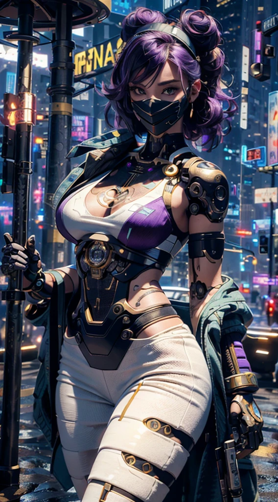 masterpiece, maximum quality,CG art,RTX 4090,best quality,4K,1080p,realistic,CG wallpaper,super high detailed,ultra high resolution, 8k, a woman,beauty,21years old,fair skin, extremely beautiful,strong gaze, alone,portrait,close-up face,cyberpunk outfit, extremely detailed face, detailed eyes,mischievous smile, cheerful, realistic photo, totally realistic, human pelle, studio lighting,golden ratio body, wide hips,perfect legs, big ass,purple hair,curly hair,double buns,blunt bangs,white clothing,D-cup breasts,in the rooftop of cyberpunk city,cyberpunk city background,((night)),rain,tattoos,Combat posture,((cyborg)),((Mechanical mask)),holding a katana