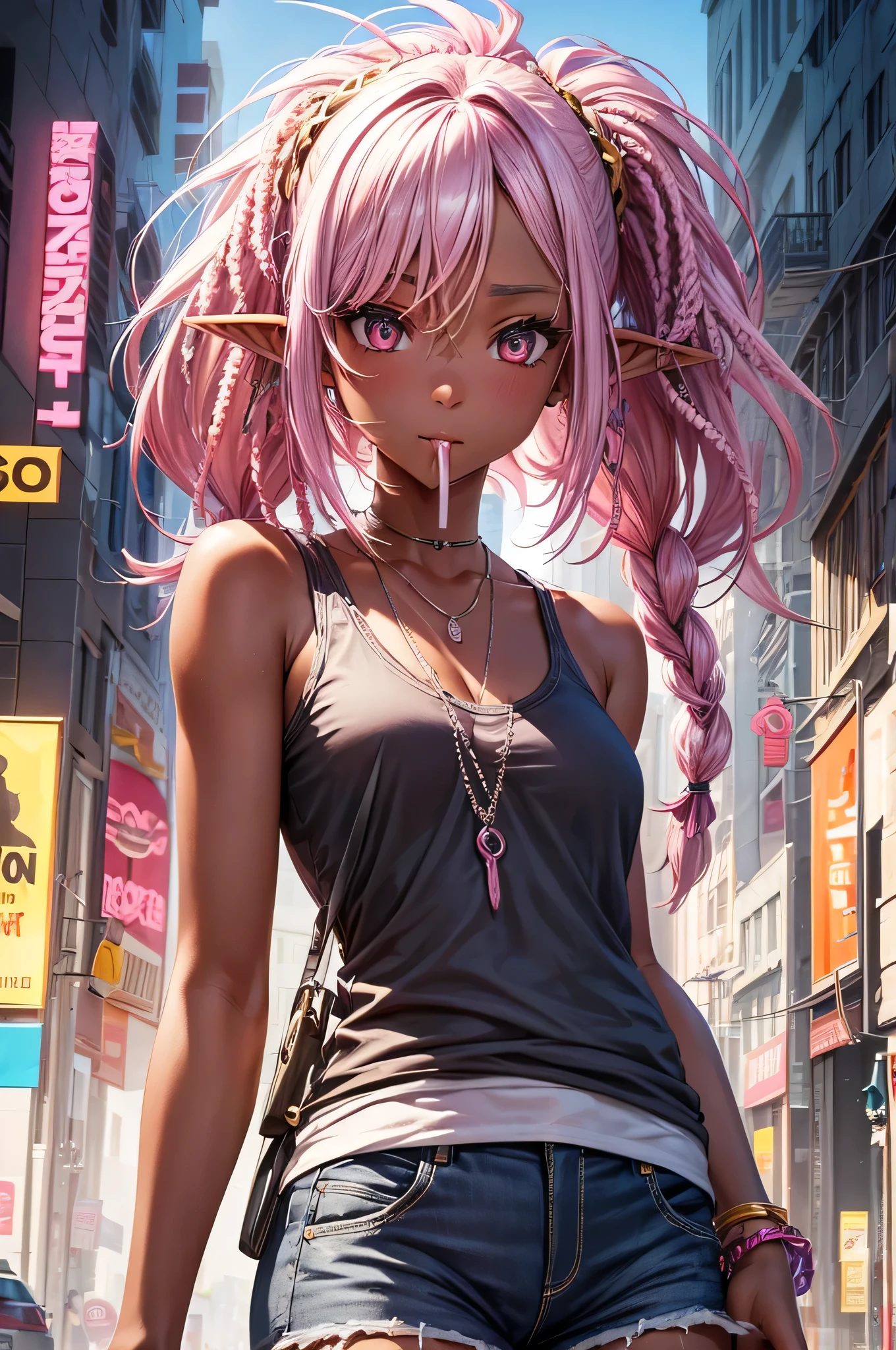 (pink style) (in a cute Tank top, Hot pants), (solo:2, 1000 yo, black skin, Dreadlocks:1.4 pink hair long hair cool elf:1.2 woman, cool detailed silver eyes, Cigarette in mouth), in the pop city, BREAK, perfect anatomy, masterpiece, best quality, 16k, beautiful detailed grow, daydreaming expression.