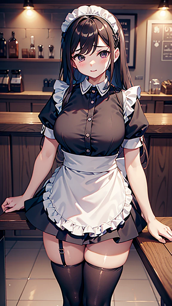 Coffee shop background，Coffee shop background，Indoor background，Tables and Chairs，Bar，Maid girl，Wearing a maid outfit，Big breasts，Maid headband，futanari，Hip bulge，Bulge between the thighs，cute，Long hair，Mature，charming，Bulge between the thighs，Bulge between the thighs，Hip bulge，cute，Pants，shorts，Short skirt，Culottes，Close-up shot from waist up