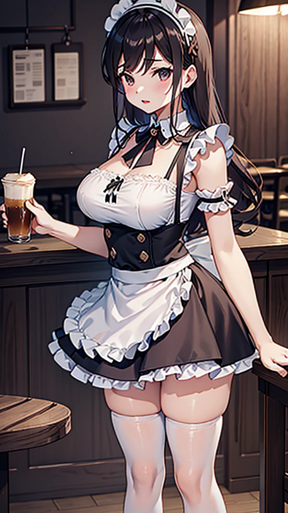 Coffee shop background，Coffee shop background，Indoor background，Tables and Chairs，Bar，Maid girl，Wearing a maid outfit，Big breasts，Maid headband，futanari，Hip bulge，Bulge between the thighs，cute，Long hair，Mature，charming，Bulge between the thighs，Bulge between the thighs，Hip bulge，cute，Pants，shorts，Short skirt，Culottes，Close-up shot from waist up