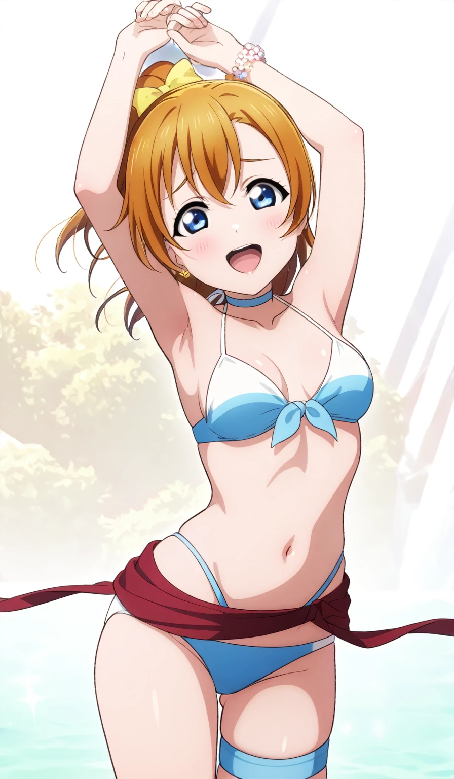 (masterpiece, best quality, highres), 1girl, medium hair, medium breasts, bikini, swimsuit, arms up, hands up, armpits, white background, id_honoka_kosaka, front view