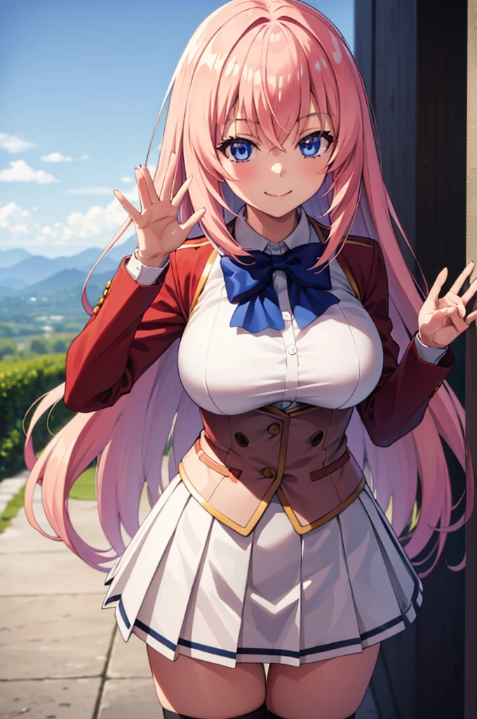 (masterpiece:1.3), (best quality:1.1), (8k, ultra detailed, ultra high res:1.2), ((anime style)), perfect 5 fingers, perfect anatomy,
1girl,
Ichinose honami \(youjitsu\),
long hair,
pink hair,
blue eyes, round eyes, tareme,
blue bow,
large breasts,
red jacket, long sleeves, white skirt, pleated skirt, black calf socks,
looking at viewer,
cowboy shot, (waving:1.1),
(smile:1.1),
BREAK standing, perfect light, (detailed background:1.2), outside, outdoors,