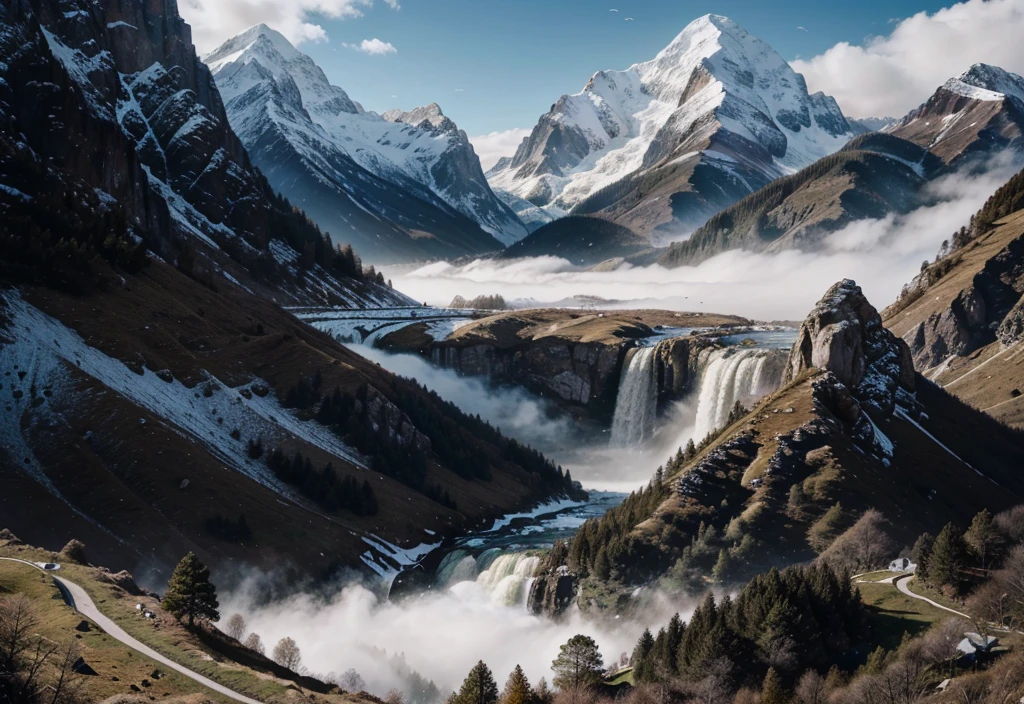 mountain waterfall painting,There is a house on it, Vertical screen wallpaper, 4 k Vertical screen wallpaper, 4k Vertical screen wallpaper, 8 k Vertical screen wallpaper, 8k Vertical screen wallpaper, Ross Chen. Landscape background, beautiful matte painting, 4K matte painting, Detailed scenery —width 672, beautiful iphone wallpapers, Avatar Landscape, Inspired by Raphael Lacoste (Raphael Lacoste)