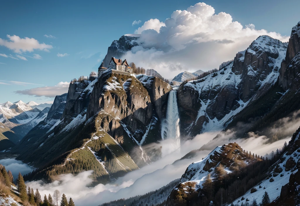 mountain waterfall painting,There is a house on it, Vertical screen wallpaper, 4 k Vertical screen wallpaper, 4k Vertical screen wallpaper, 8 k Vertical screen wallpaper, 8k Vertical screen wallpaper, Ross Chen. Landscape background, beautiful matte painting, 4K matte painting, Detailed scenery —width 672, beautiful iphone wallpapers, Avatar Landscape, Inspired by Raphael Lacoste (Raphael Lacoste)