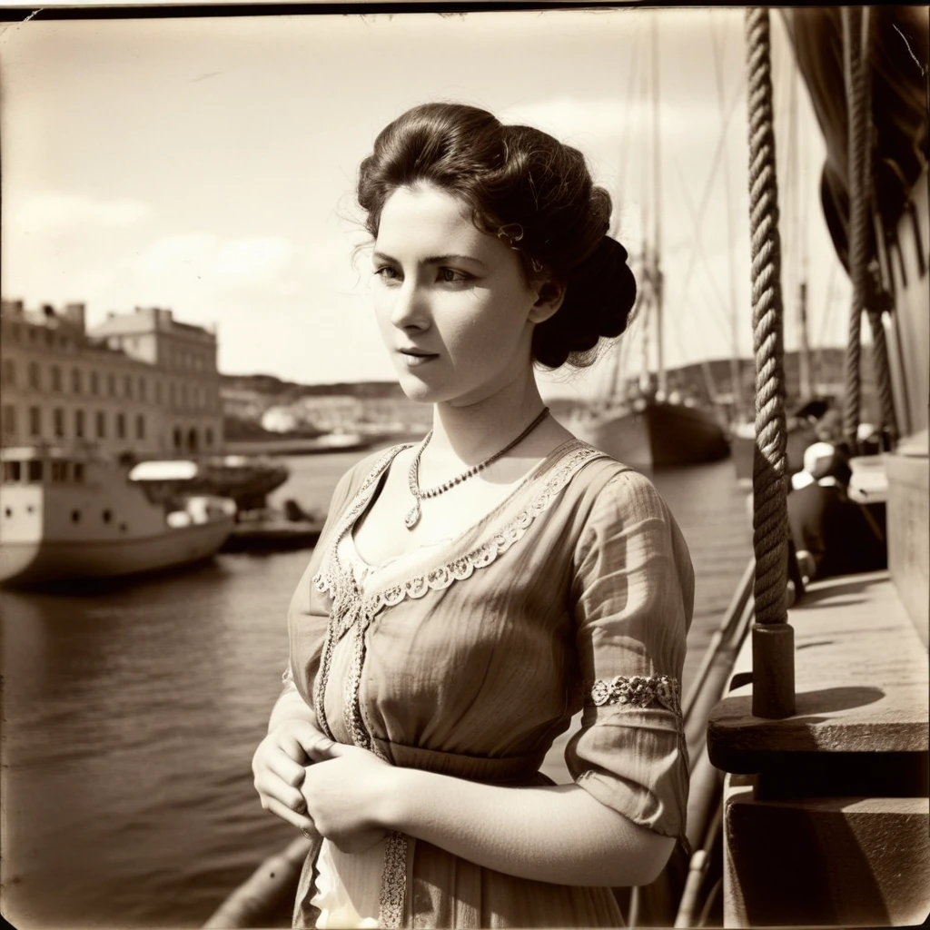 breathtaking, (finely intricate detailed:1.7)(RAW photo:1.3), (big scratches  on parts of the photo:1.8)(light sepia-toned photo) (noisy picture:0.5)    (perfectly designed  hands:1.3),  a young beautiful woman stands at the harbour where Titanic, a giant ship, docking, preparing to sail, busy people working and boarding the ship