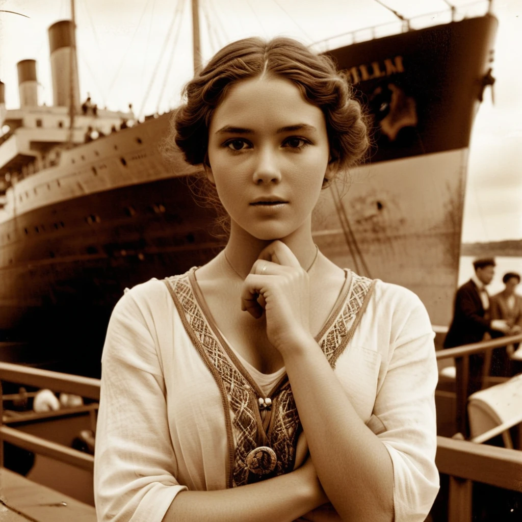 breathtaking, (finely intricate detailed:1.7)(RAW photo:1.3), (big scratches  on parts of the photo:1.8)(light sepia-toned photo) (noisy picture:0.5)    (perfectly designed  hands:1.3),  a young beautiful woman stands at the harbour where Titanic, a giant ship, docking, preparing to sail, busy people working and boarding the ship