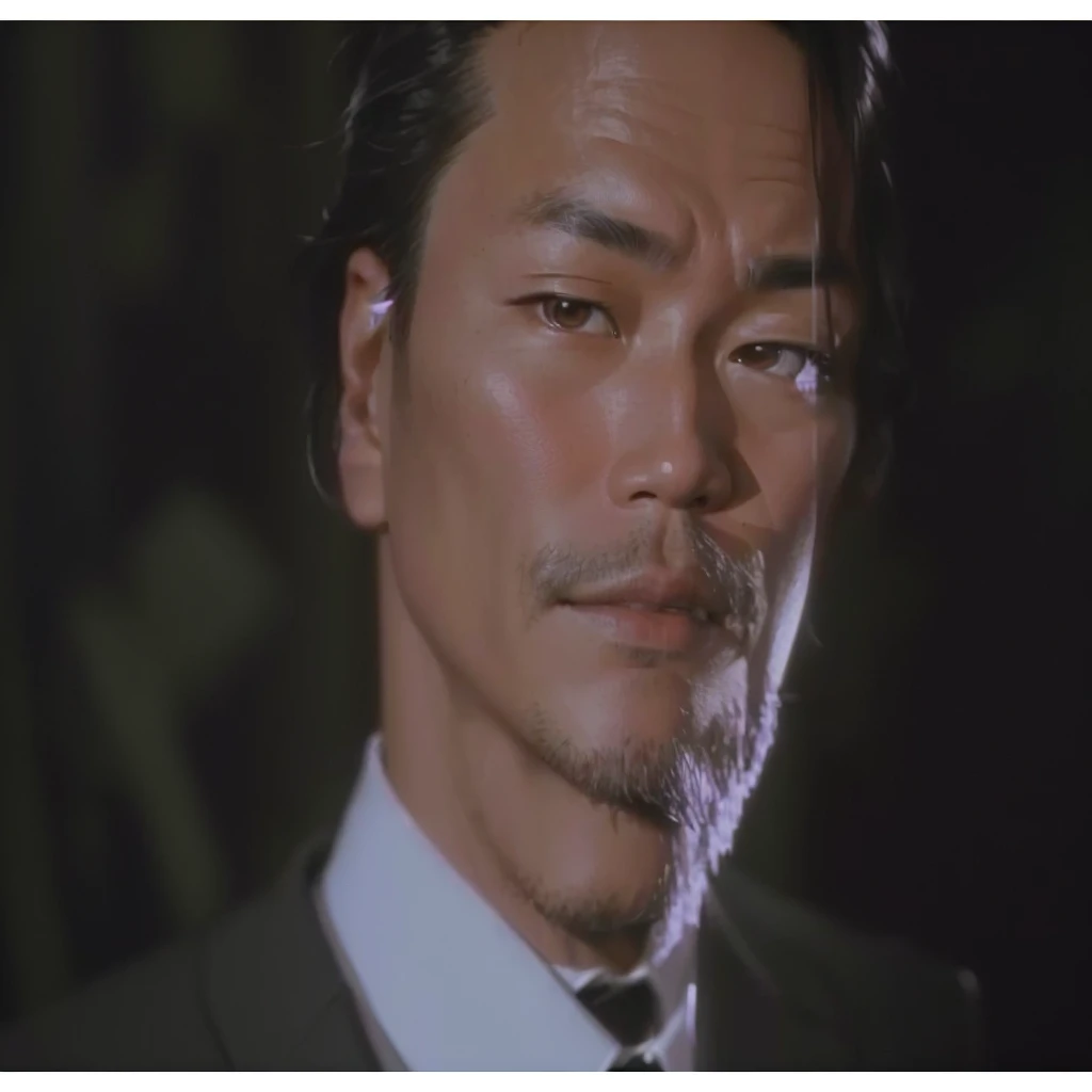 there is a man with a suit and tie looking at the camera, timothy kong, Yee Chong, Neon Asian film from the 80s still, 1 9 8 6 film screenshot, Ken Wong, film screenshot, up close, Shinji Aramaki, close-up portrait film still, lin hsiang, film screenshot de 1983, film screenshot