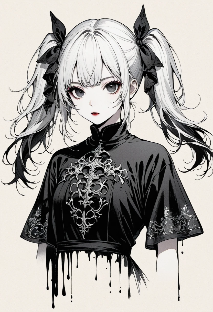 a detailed gothic girl with two pigtails, minimalist black and white line art, negative space, ink painting