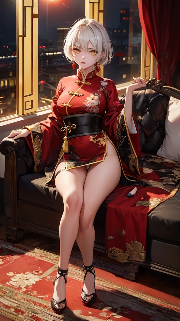 A female empress, short white hair, with yellow eyes, red nails, mostrando os peitos, legs open showing pussy, with an angry face and a provocative look, mouth open with tongue out. Wearing traditional Chinese imperial clothing, decorated in gold with black details, with red Hanafuda earrings, with a short red skirt. On your knees on a hotel room bed with a penis in your pussy, with a sunset in the window in the background.