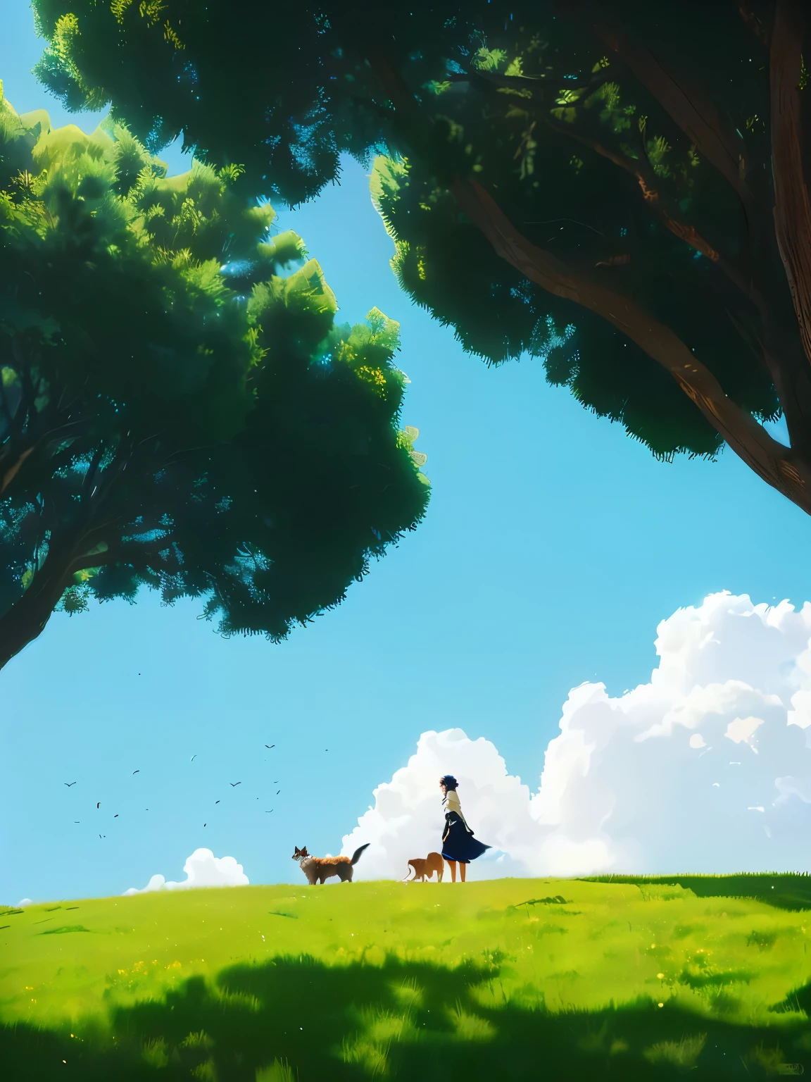 There was a lady and a dog standing on a hill, beautiful Anime scene, Medium shot. Hayao Miyazaki, Shinkai Makoto Cyril Rolando, Anime rural scenery, Anime Nature, Anime scene, Studio Ghibli, Anime beautiful peaceful scene, Today's selection of animation stills, Artie Guerin 8K, Gurvitz and Makoto Shinkai