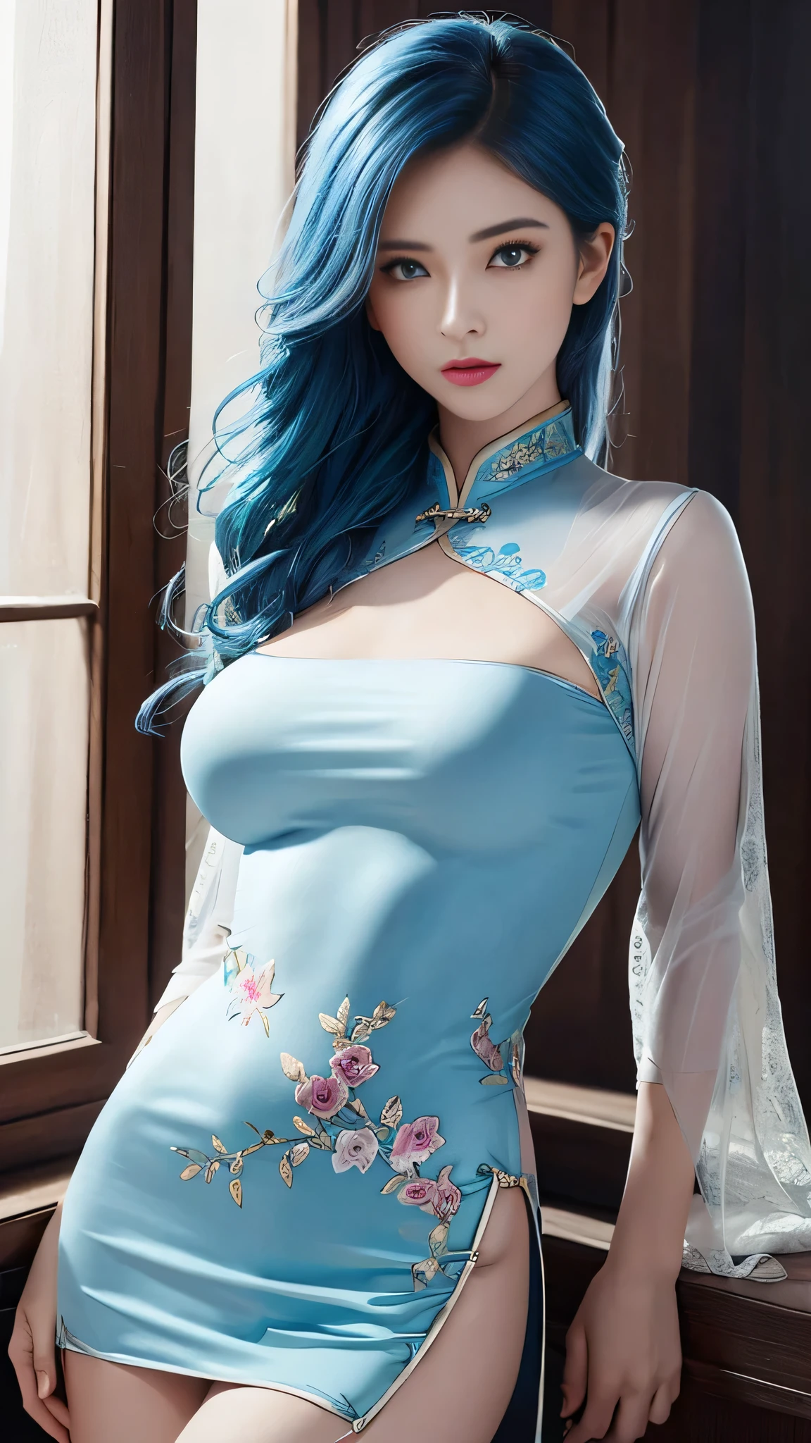 (Hyperrealistic), (illustration), (high resolution), (8K), (Extremely detailed), (Best Illustration), (Beautiful detailed eyes), (Best quality), (Ultra-detailed), (Masterpiece), (the wallpaper), (Photorealistic), (Natural light), (rim lit), (Detailed face), (Highly detailed realistic skin textures), (Anatomically correct), (Solo), (1 girl), (high detailed realistic hair), (Blue hair:1.2), spiked hair, (Heterochromic eyes), (detailed green eyes), (Small moles under the eyes), (Realistic big breasts:1.5), (Exposed breasts:1.3), (Long legs), (Slender abs), (Dynamic pose), (Closed mouth:1.3), (traditional cheongsam outfit), (Sheer clothes:1.5), NSFW,nakeness