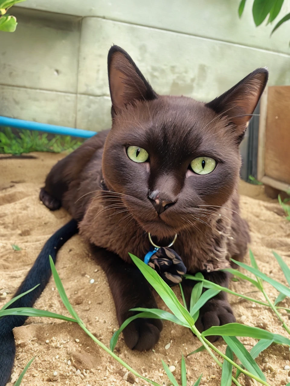 The black cat lying on the sand is a king. Disney cartoon style