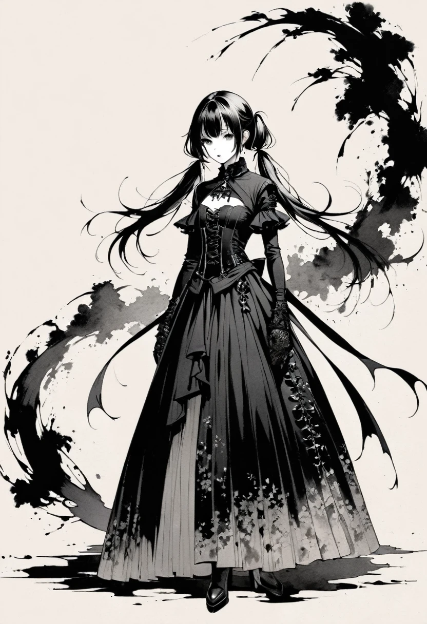 a girl with long twin pigtails, gothic fashion, minimalist, black and white, line art, lots of negative space, ink wash painting