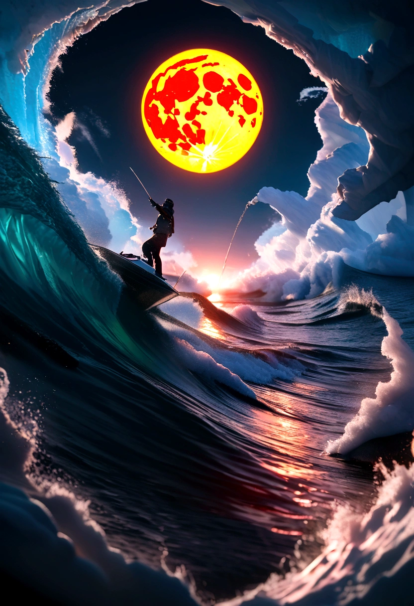Hyper-realistic 3D acrylic painting on black canvas, Huge tsunami hits luxury cruise ship, Impending destruction, The scene under the orange moon is beautiful yet terrifying, 3d/2D Mashup, quadruple exposure, Vivid ocean colors under black light effect. 8k resolution, 3d 体积光, Precision and details, (thrilling) . The award-winning, professional, Very detailed