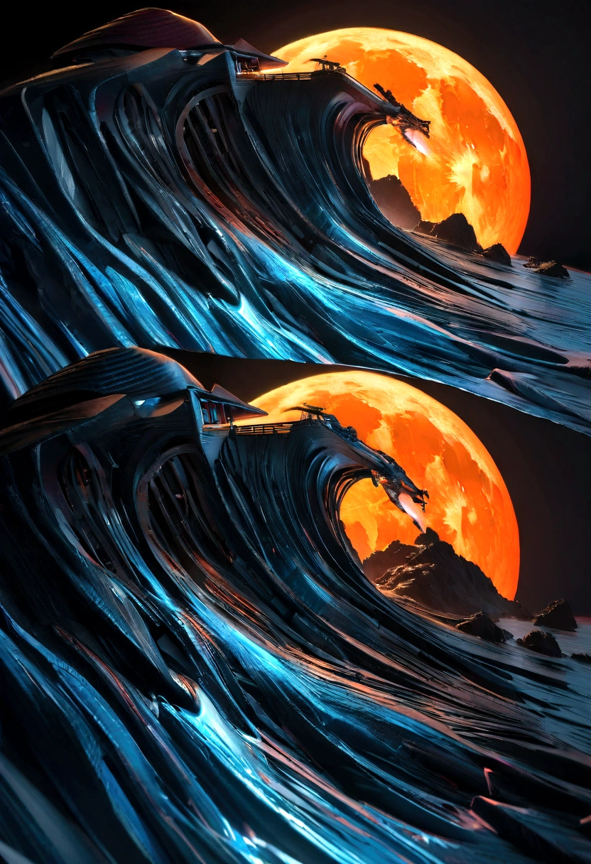 Hyper-realistic 3D acrylic painting on black canvas, Huge tsunami hits luxury cruise ship, Impending destruction, The scene under the orange moon is beautiful yet terrifying,  3d/2D Mashup, quadruple exposure,  Vivid ocean colors under black light effect. 8k resolution, 3d 体积光, Precision and details, (thrilling) . The award-winning, professional, Very detailed