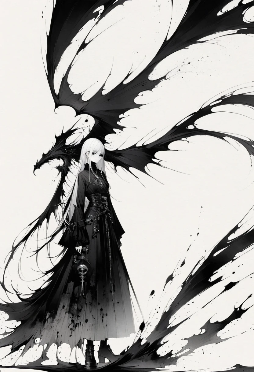 Double tail，Gothic，Minimalism，Black and white painting，Lineism，Lots of white space，Ink Painting