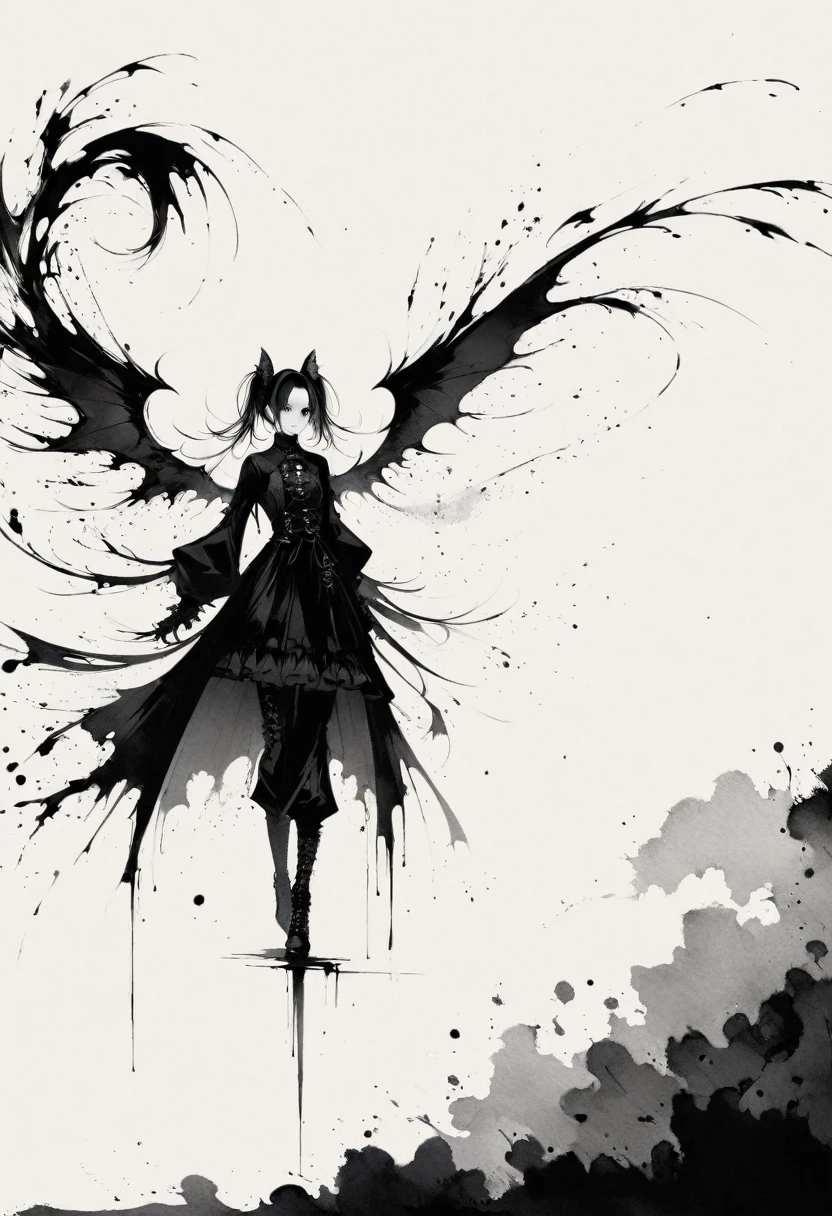 Double tail,Gothic,Minimalism,Black and white painting,Lineism,Lots of white space,Ink Painting