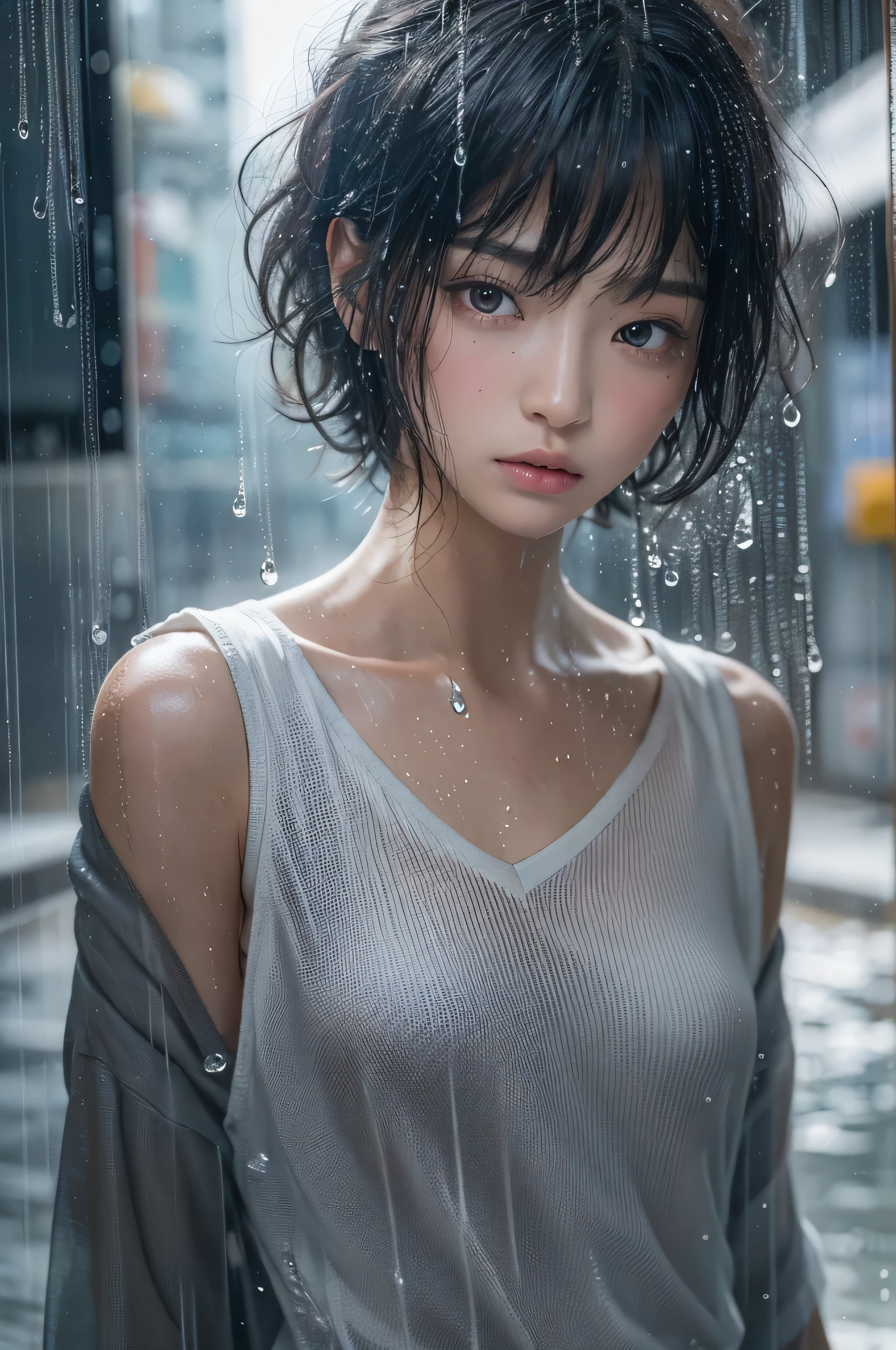 highest quality, masterpiece, 超A high resolution, Photorealistic, Raw photo, ((Beautiful woman)), 14 years old, Japanese, Black Hair, Straight Short Hair, Detailed face, Beautiful Eyes, Depth of written boundary, City streets, Raindrops, White T-shirt with V-neck, A thin T-shirt that becomes transparent when wet, Medium bust, Black underwear, Faint lips, Wet your hair, Wet body, Water droplets on the skin, (Look into the viewer&#39;s eyes),