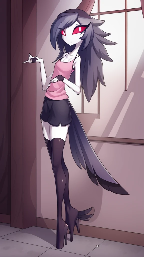 by zinfyu, detailed background, octavia \(helluva boss\), owl demon, grey body, red sclera, white eyes, white face, tail feathers, octaviagoetia, female, solo, octaviasweater, pink crop-top, pajama short shorts, cowboy shot, full-body view, ((tall open-toe platform high heels))