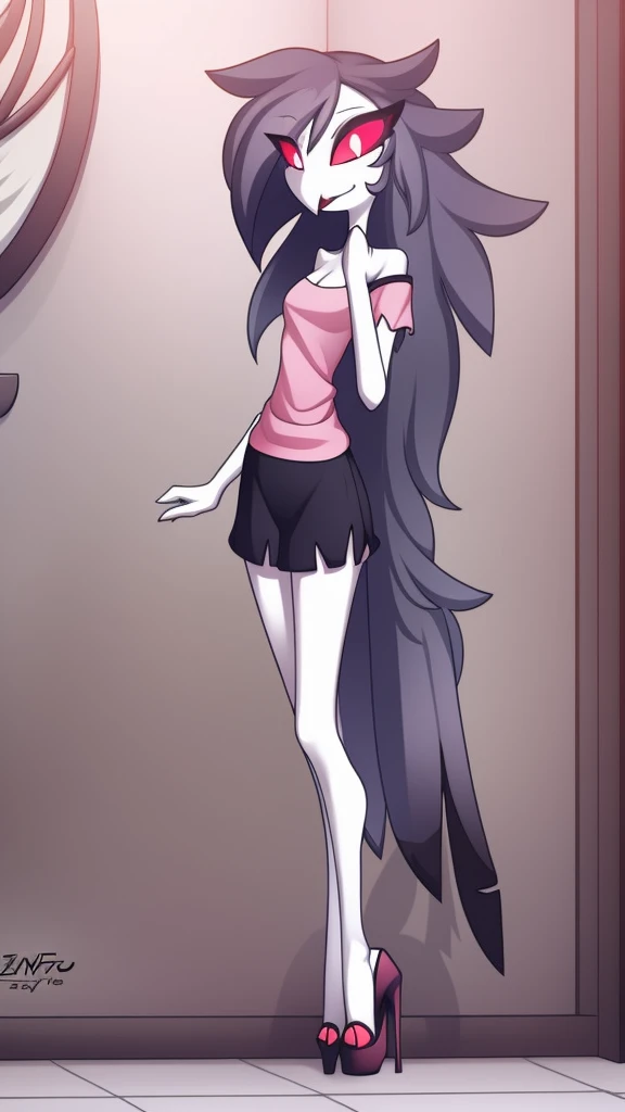 by zinfyu, detailed background, octavia \(helluva boss\), owl demon, grey body, red sclera, white eyes, white face, tail feathers, octaviagoetia, female, solo, octaviasweater, pink crop-top, pajama short shorts, cowboy shot, full-body view, ((tall open-toe platform high heels))
