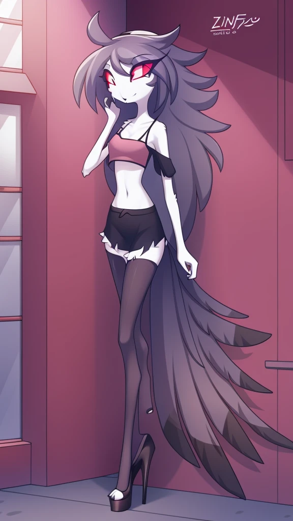 by zinfyu, detailed background, octavia \(helluva boss\), owl demon, grey body, red sclera, white eyes, white face, tail feathers, octaviagoetia, female, solo, octaviasweater, pink crop-top, pajama short shorts, cowboy shot, full-body view, tall open-toe platform high heels