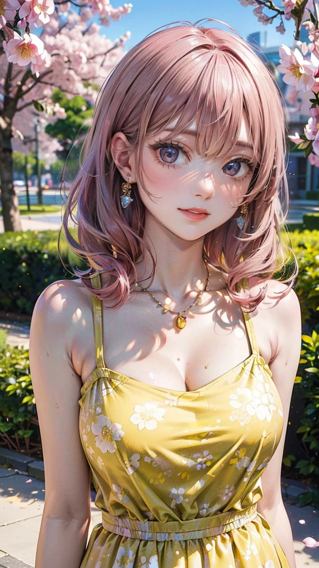 (Masterpiece, BestQuality:1.3), (ultra detailed:1.2), (hyperrealistic:1.3), (RAW photo:1.2), High detail RAW color photo, professional photograph, (Photorealistic:1.4), (realistic:1.4), (Pink Hair:1.5), professional lighting, perfect anatomy, (Big Breasts:1.2), (blush, detailed face), (A happy smile:1.7), Trending Hair&Trending Hairカラーをランダムに, earrings, necklace, bracelet, sexly, erotic sexly, Random sexy gravure poses, (Sexy beauty in a yellow floral dress、Spring park background、A happy smile、Skip pause、Shoulders exposed:1.3)
