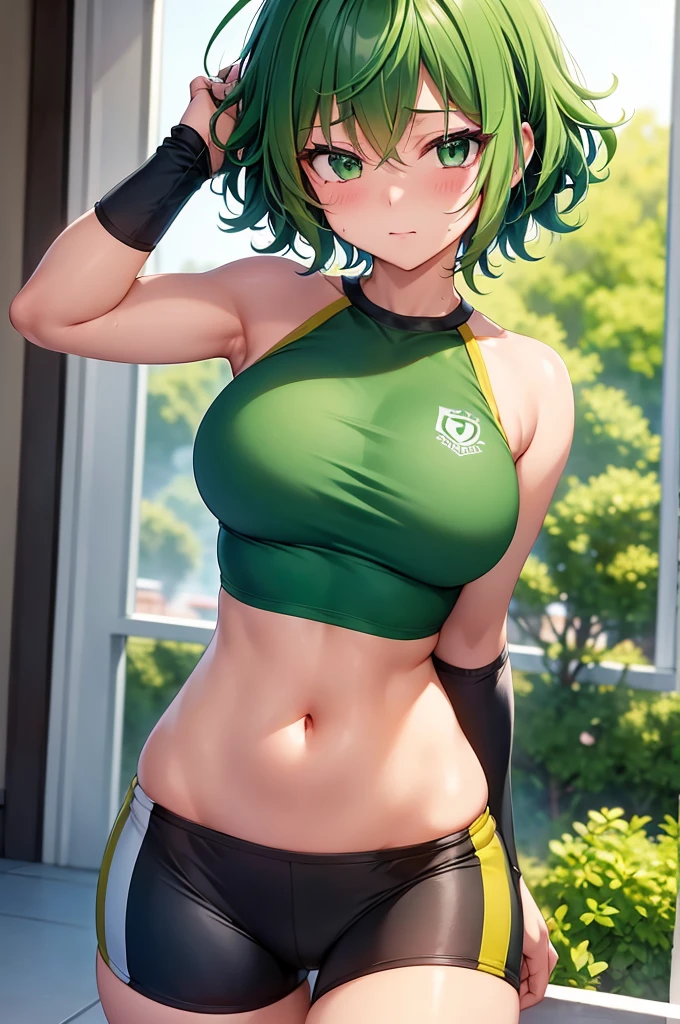Craft a highly detailed, high-quality image featuring Izuku Midoriya as a girl with a shorter hairstyle, radiating confidence in a gym-ready ensemble. Visualize her with her trademark green hair now styled into a chic short cut, framing her face with effortless grace. Her vibrant green eyes should shine with determination and strength, reflecting her unwavering resolve. In this depiction, Izuku should be dressed in a sleek and modern gym outfit, comprising flex-leggings and a crop top. The leggings should fit snugly, accentuating her athletic physique while allowing for  of movement. The crop top should be stylish yet functional, providing both support and style as she engages in her training regimen. Focus on capturing the energy and dynamism of Izuku's character, showcasing her dedication to her physical fitness and her commitment to becoming the best version of herself. Whether she's striking a pose or in the midst of a training session, convey her determination and drive through her body language and expression. Attend to the finer details of her attire, from the texture of the fabric to the design elements that make her outfit unique. Consider incorporating subtle embellishments or accessories that add a touch of personality to her gym attire, reflecting Izuku's individual sense of style. Ultimately, aim to create a visually captivating image that celebrates Izuku Midoriya's strength, resilience, and determination, capturing her essence in every brushstroke or pixel. Let her short hair and gym outfit serve as symbols of her growth and evolution, inspiring viewers with her unstoppable spirit.
