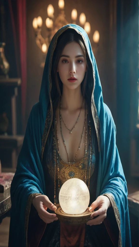 body direction: front.Female fortune teller. Attractive, beautiful and mysterious. She wears a blue cloak and has distinct features. The atmosphere is bright and sparkling, full of anxiety and anticipation. A fortune teller is standing there. The body is facing forward. he is looking at you He holds a crystal ball in his right hand. The lighting in the room is bright, creating a magical atmosphere. Best picture quality, 4k or 8k resolution. The level of detail is very detailed and realistic, close to photorealism. Artistic style should reflect an official aesthetic with bright colors and strong contrasts. The color palette should emphasize the mystical and mystical theme of the work. The fortune teller's cloak is decorated with metal edging with a thickness ratio of 1.5 and intricate designs. The overall atmosphere is magical, like a starry sky. The expression on the fortune teller's face should arouse mystical interest.Light Background