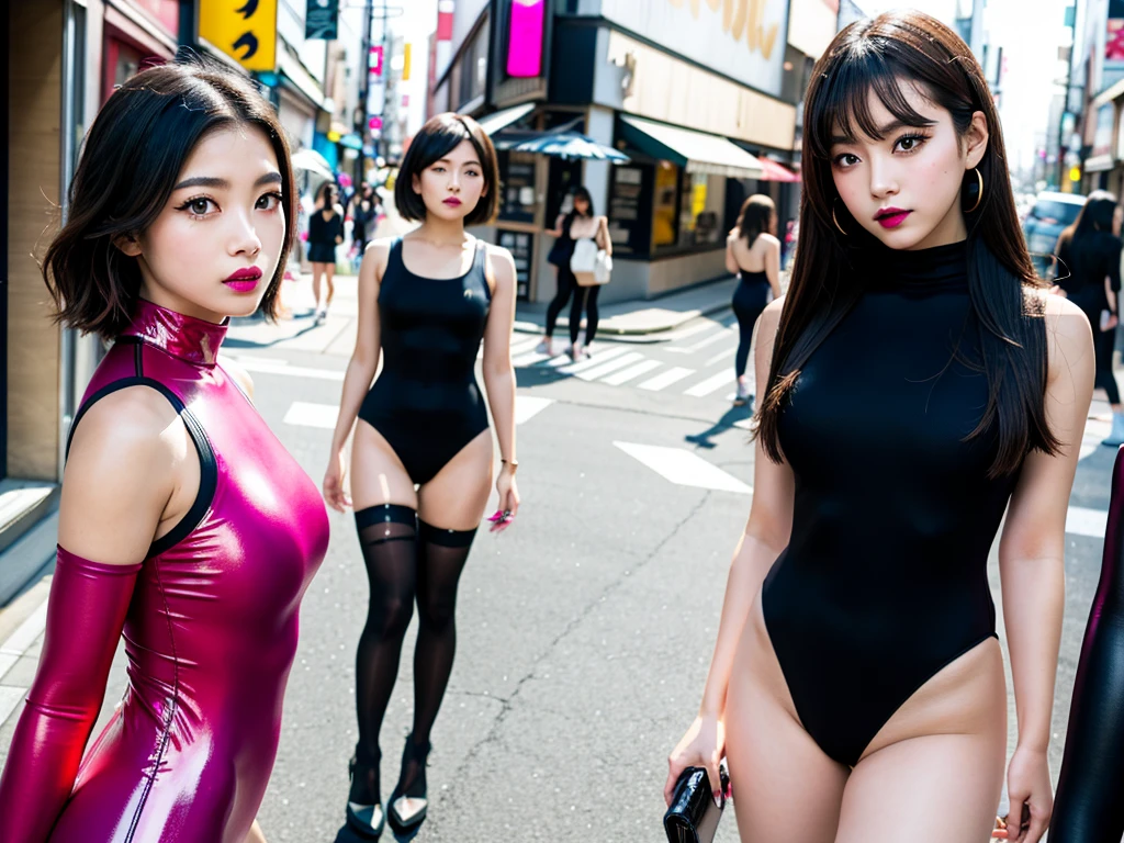 high quality, high resolution,Scenery of the city in Japan,One girl with multiple girls in the background,Detailed output of the girl in the background,Super high leg leotard made of spandex,Spandex long gloves The girl in the background is also wearing the same super high leg leotard and long gloves,Colorful leotards,Wearing super shiny pantyhose,Brainwashing Makeup,Heavy makeup,Dark eyeshadow,Dark lipstick,The streets are filled with people in leotards,