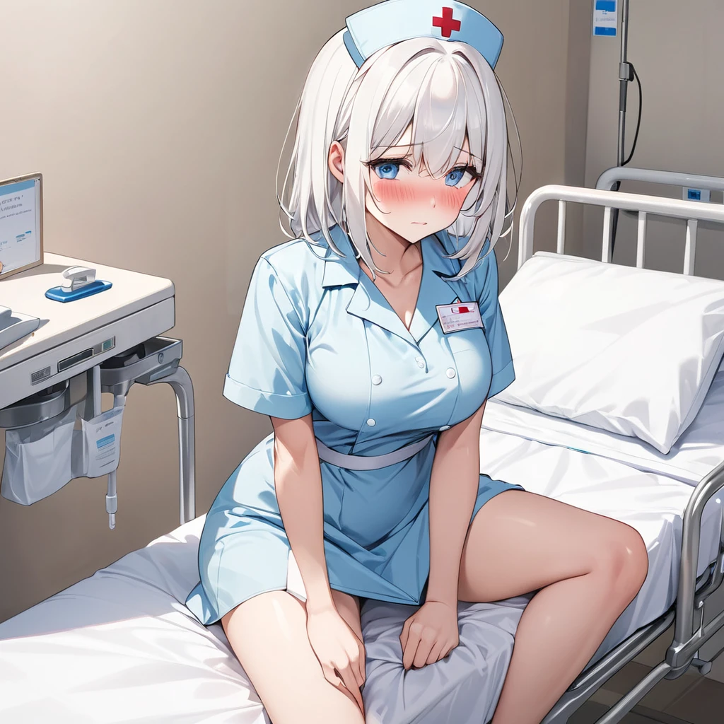 NSFW, white hair, blue eyes, medium straight hair, medium bust, adult female, solo, full body, blushing, shy, hospital bed, nurse