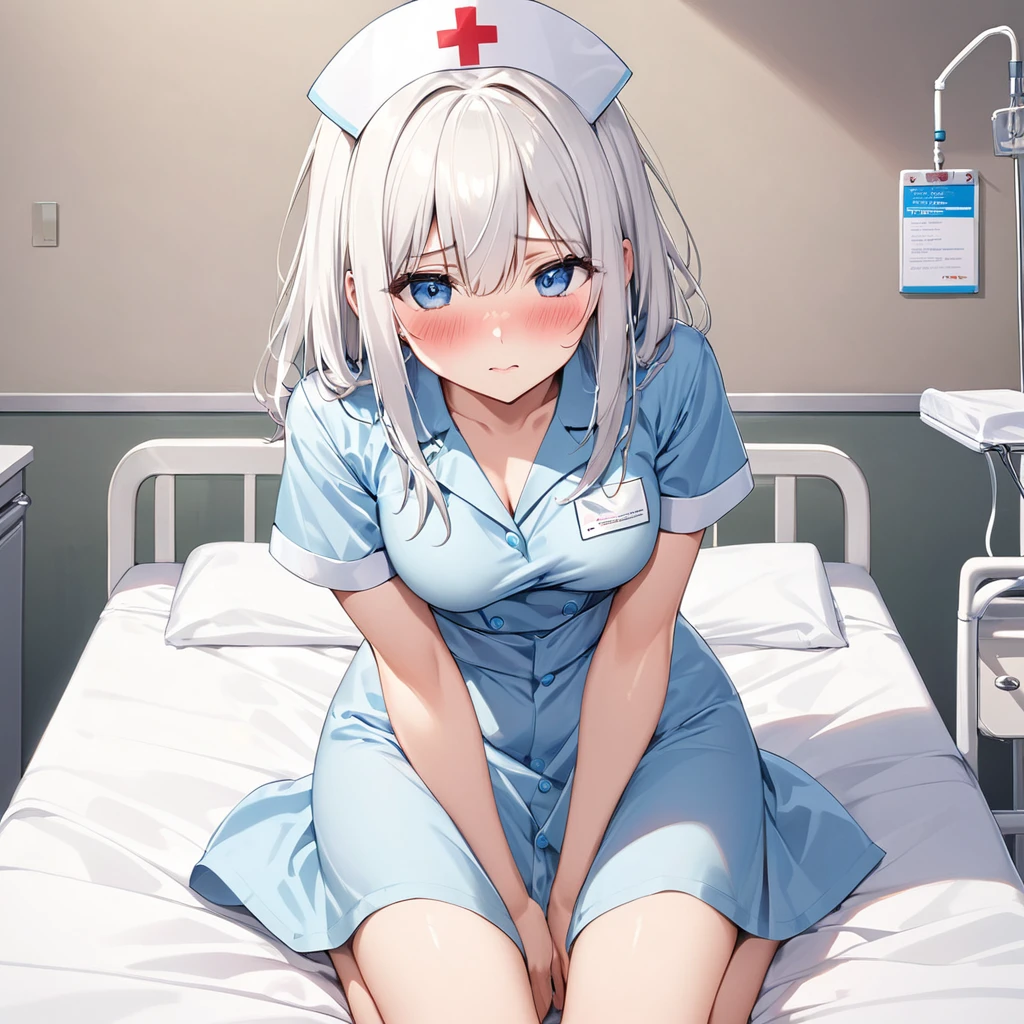 NSFW, white hair, blue eyes, medium straight hair, medium bust, adult female, solo, full body, blushing, shy, hospital bed, nurse