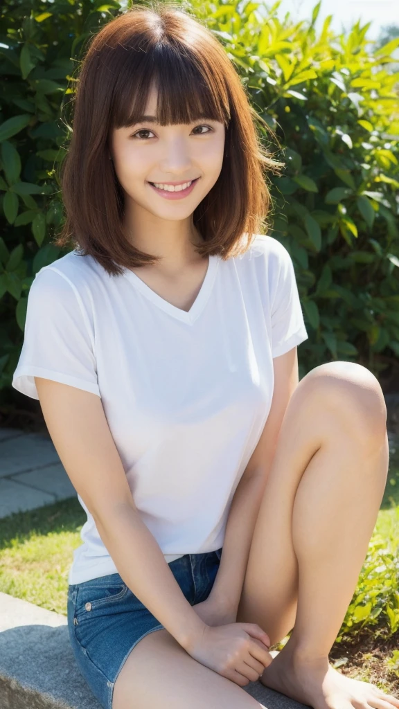 Real、Women's 1、Short pants、spread legs clear、I have bangs.、Age 25、Mature、Medium Breast、sex appeal、Glowing Skin、((Highest quality, In 8K, masterpiece:1.3)), smile、Brown haired、(Blunt bangs:1.2)、、Maintain the original face proportions、Broad shoulders、Brown haired、Floating Hair、Lips、lipstick、誘惑的なsmile、Perm Hair、Floating Hair、garden、Bright sunshine,Refreshing sky