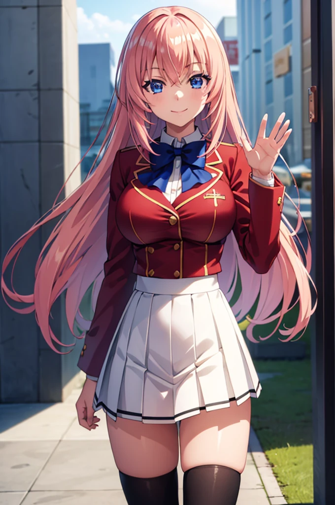 (masterpiece:1.3), (best quality:1.1), (8k, ultra detailed, ultra high res:1.2), ((anime style)), perfect 5 fingers, perfect anatomy,
1girl,
Ichinose honami \(youjitsu\),
long hair,
pink hair,
blue eyes, round eyes, tareme,
blue bow,
large breasts,
red jacket, long sleeves, white skirt, pleated skirt, black calf socks,
looking at viewer,
cowboy shot, (waving:1.1),
(smile:1.1),
BREAK standing, perfect light, (detailed background:1.1), outside, outdoors, public,