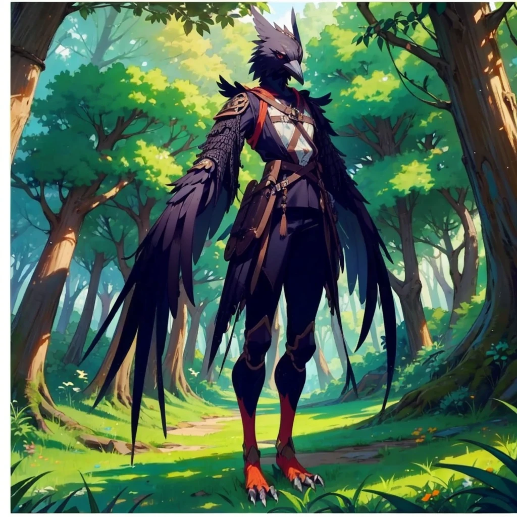 prospect(Anthropomorphic crow、Wearing ancient adventurer gear、The arms and hands are integrated with the bird's wings, and there are no bird wings on the back. Only the arms and hands have bird wings.、The feet are claws)、With background (Dense forest)