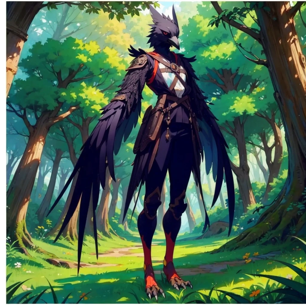 prospect(Anthropomorphic crow、Wearing ancient adventurer gear、The arms and hands are integrated with the bird's wings, and there are no bird wings on the back. Only the arms and hands have bird wings.、The feet are claws)、With background (Dense forest)