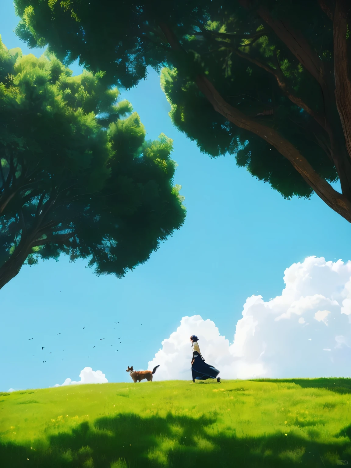 There was a lady and a dog standing on a hill, beautiful Anime scene, Medium shot. Hayao Miyazaki, Shinkai Makoto Cyril Rolando, Anime rural scenery, Anime Nature, Anime scene, Studio Ghibli, Anime beautiful peaceful scene, Today's selection of animation stills, Artie Guerin 8K, Gurvitz and Makoto Shinkai