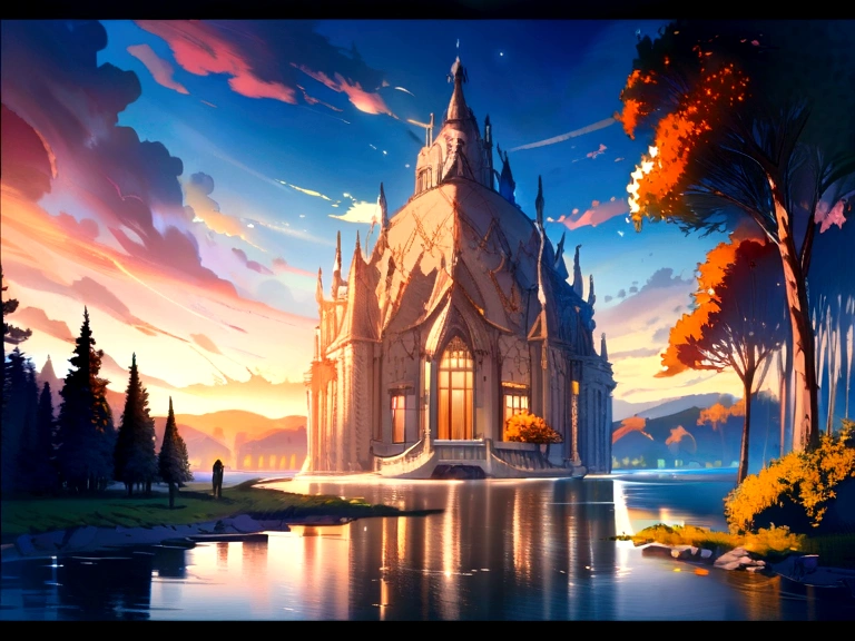 masterpiece, Best Art, Dreamscape, bright sunlit environment, trees, lake, perfect architecture, European architecture, pleasant