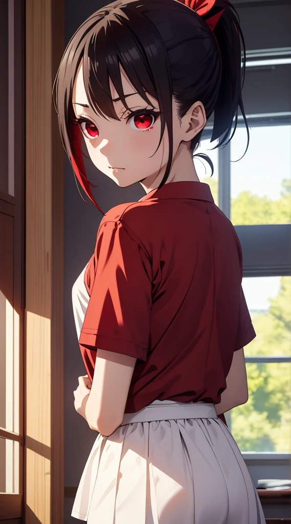 Kaguyasinomiya, Kaguya Shinomiya, folded ponytail, forehead, hair ribbon, (red eyes:1.5), red ribbon, band, Short hair, side locks, (little chest:1.2), gym uniform, Short top, legging, BREAK looks at the viewer, stands with your back to the viewer, seen from behind, ass, big ass, shows the, BREAKTHROUGH in the room, Classroom, BREAK (Masterpiece:1.2), Best Quality, High Resolution, Unity 8k Wallpaper, (illustartion:0.8), (beautiful detail eyes:1.6), extremely detailed face, perfect lighting, extremely detailed CGI, (perfect arms, perfect anatomy),
